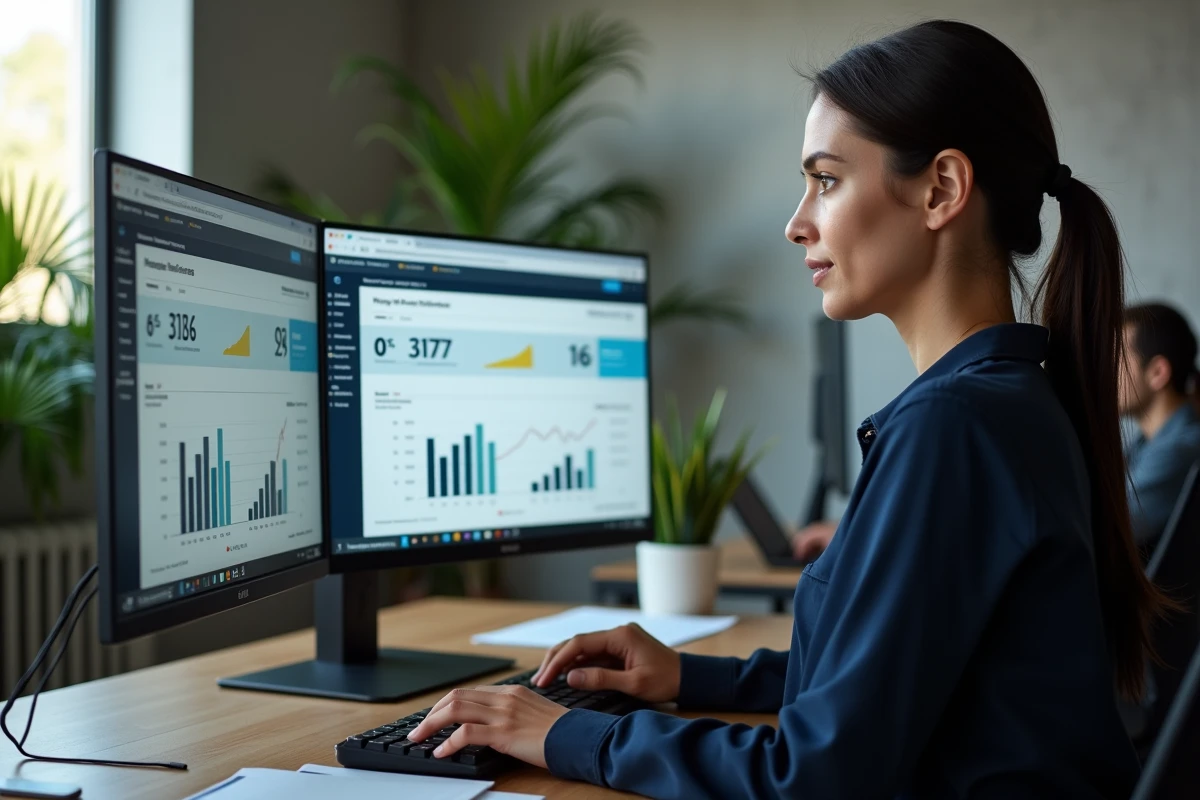 Femme comparant des offres d'hébergeurs web sur un écran d'ordinateur dans un espace de coworking moderne