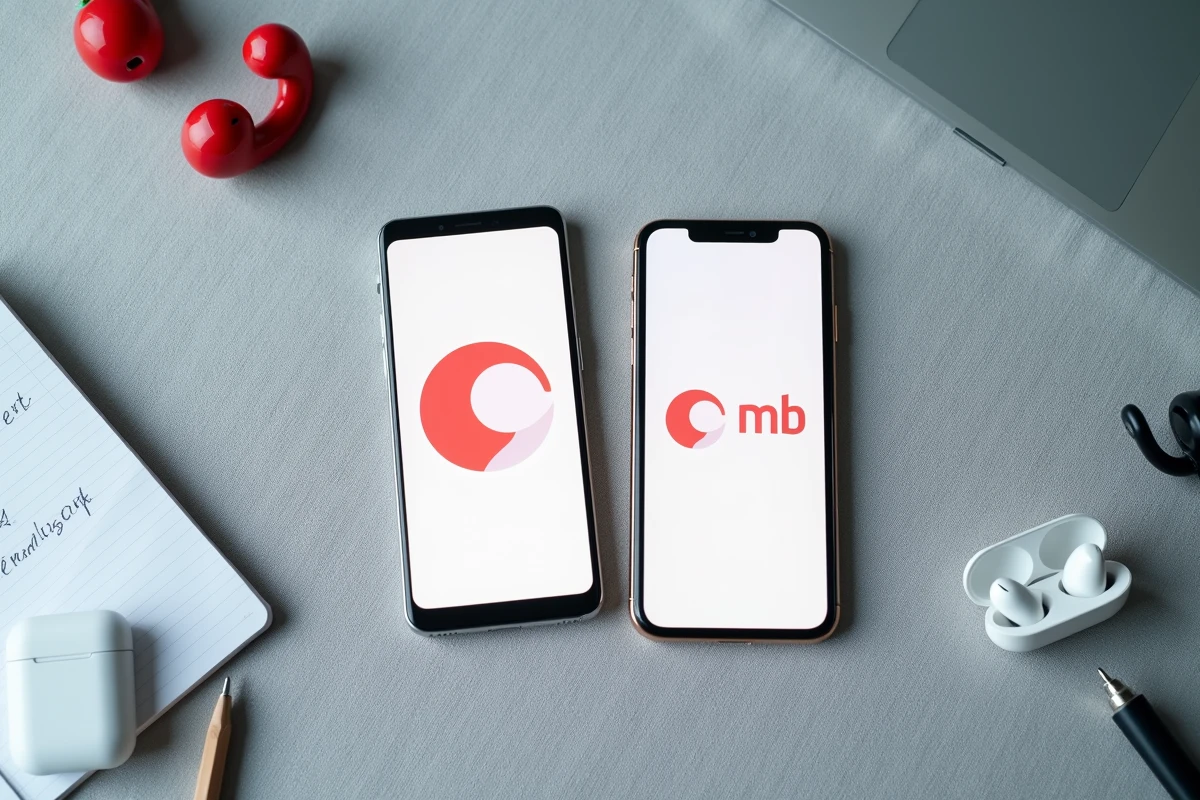 Comparaison de l'application RED&Moi sur Android et iOS posés côte à côte sur un bureau