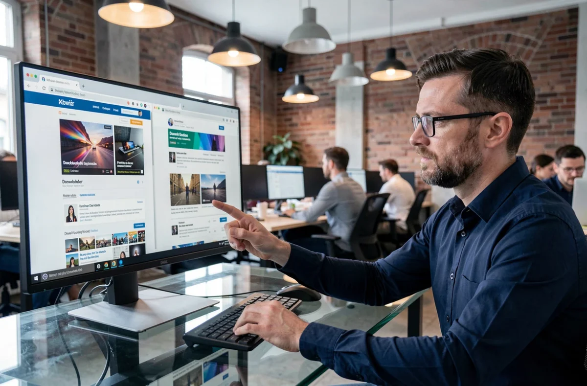Homme comparant différents outils de téléchargement de vidéos YouTube sur un grand écran de bureau