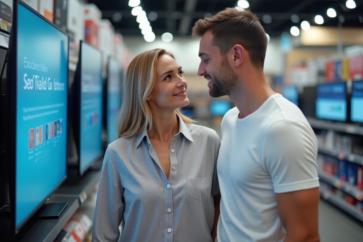 Couple comparant deux tailles d'écrans TV dans un magasin d'électronique pour trouver le bon format