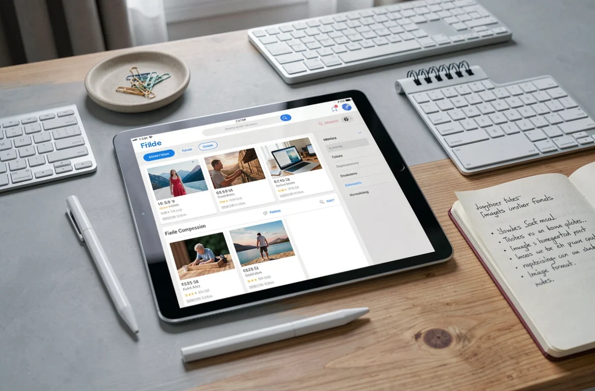 Vue de dessus d'un bureau minimaliste avec tablette affichant une interface de compression d'images pour blog