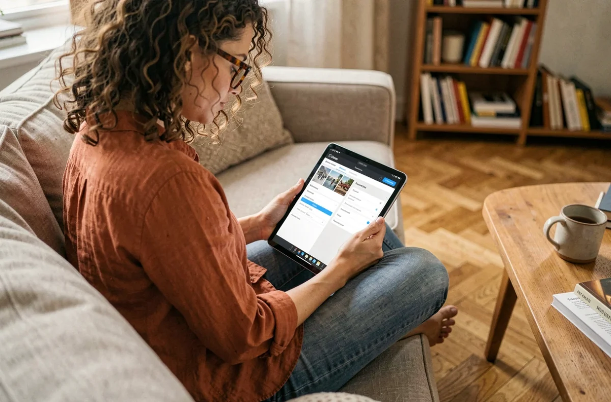 Jeune femme configurant les réglages d'hébergement d'images sur une tablette depuis son salon