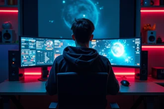 Configuration triple écran avec moniteur ultrawide 21/9 et deux écrans 1080p pour jouer à Eve Online