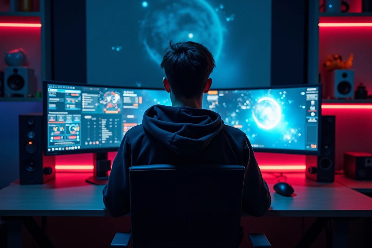 Configuration triple écran avec moniteur ultrawide 21/9 et deux écrans 1080p pour jouer à Eve Online