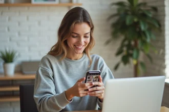 Femme configurant Google Photos sur smartphone dans un bureau à domicile moderne