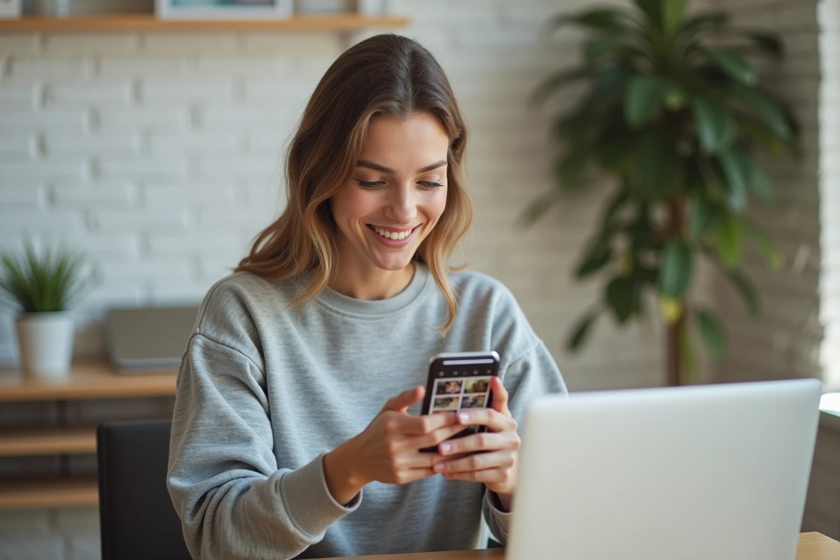 Femme configurant Google Photos sur smartphone dans un bureau à domicile moderne