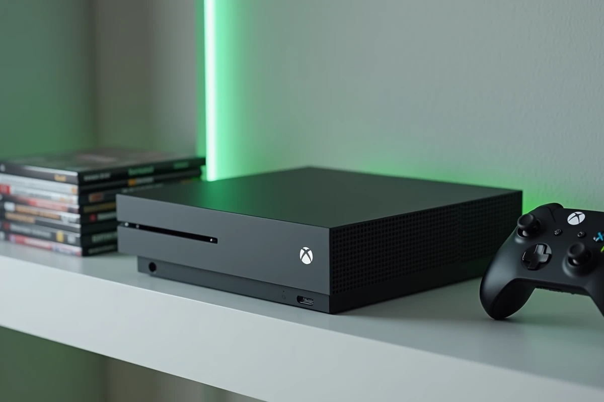 Console Xbox nouvelle génération posée sur une étagère minimaliste avec manette et jaquettes de jeux