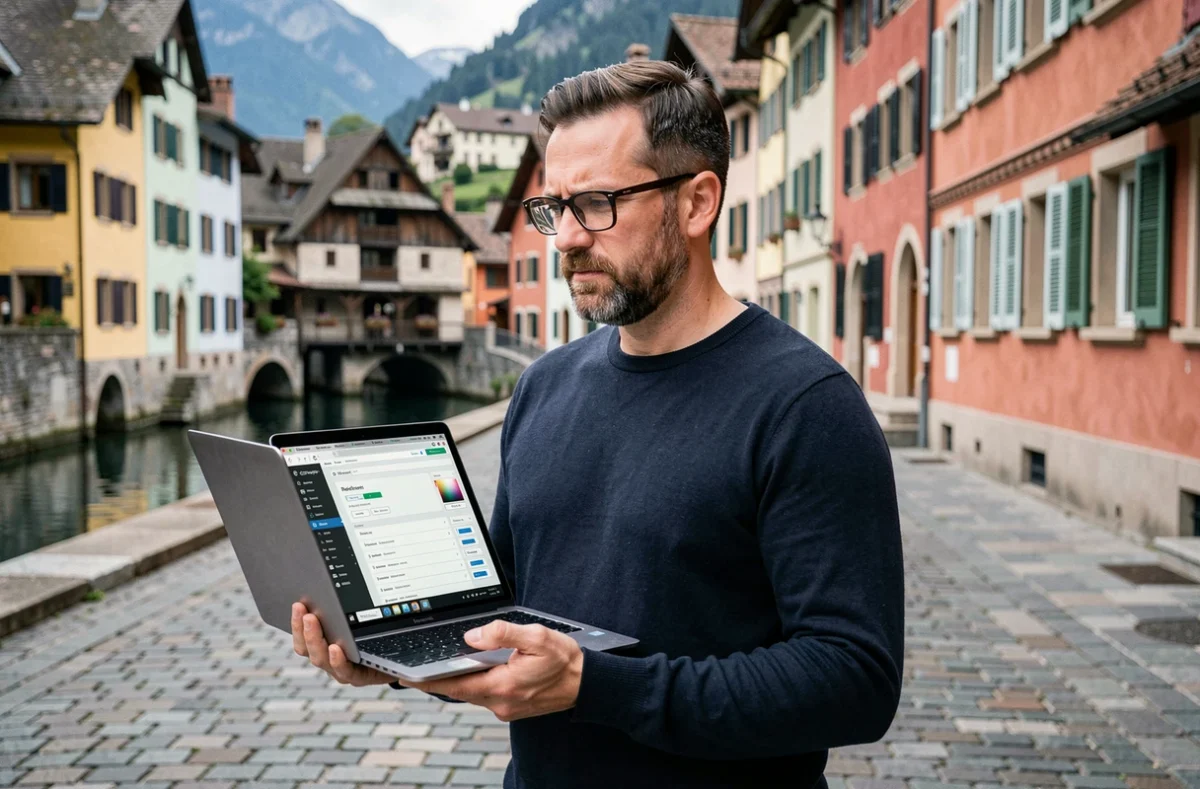 Consultant WordPress en Haute-Savoie tenant un ordinateur portable dans la vieille ville d'Annecy avec l'architecture des canaux en arrière-plan