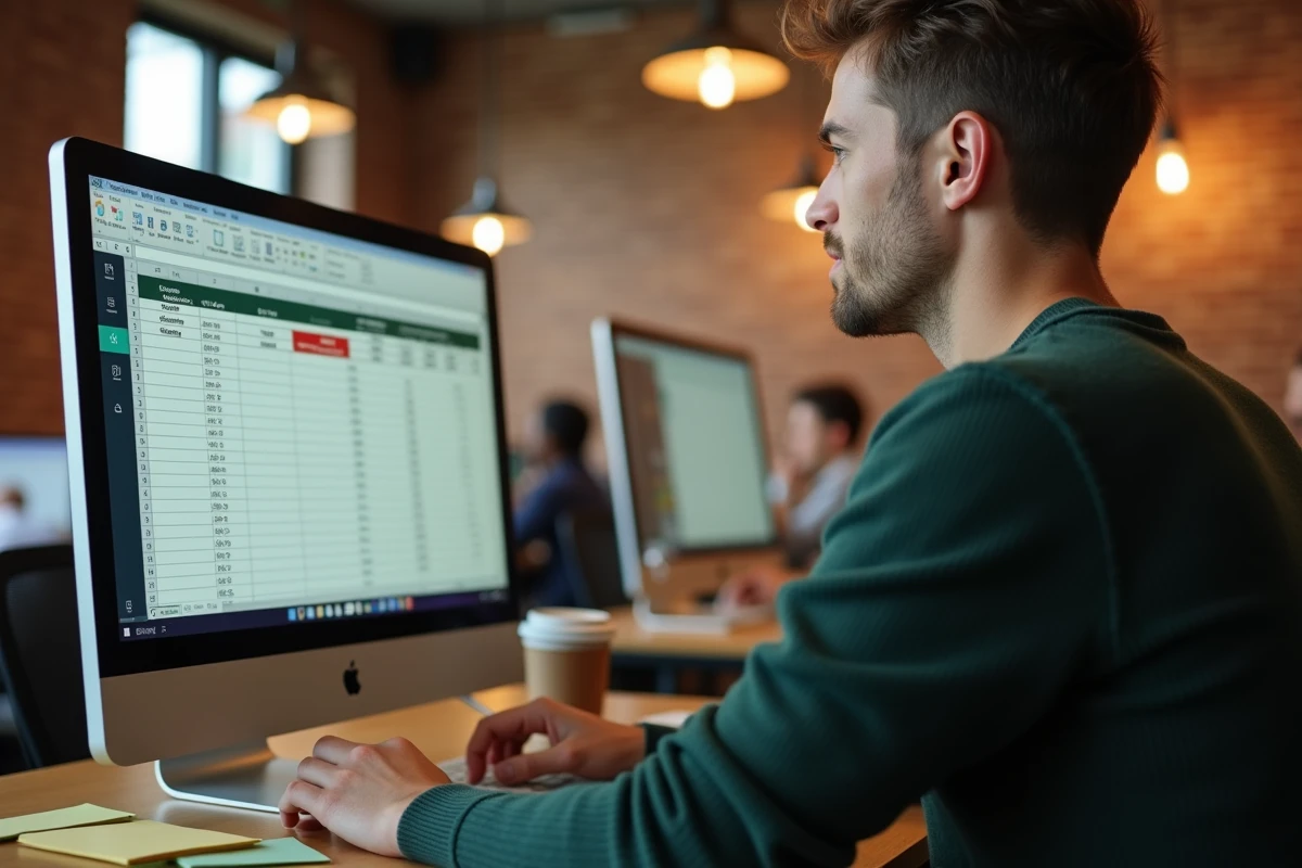 Jeune professionnel en espace de coworking consultant le menu de mise en forme conditionnelle Excel pour identifier et enlever des doublons