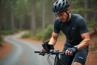 Cycliste installant un support RAM Mount sur le guidon de son VTT en forêt