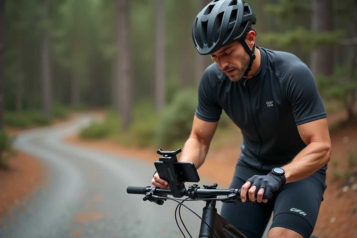 Cycliste installant un support RAM Mount sur le guidon de son VTT en forêt