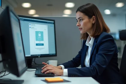 Femme en blazer bleu marine se déconnectant de son compte webmail Ozone sur un ordinateur partagé en open space