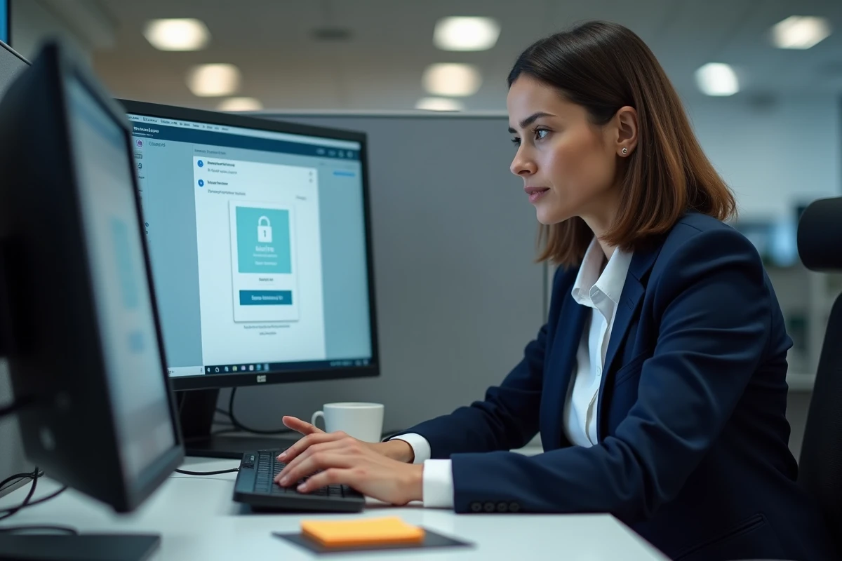 Femme en blazer bleu marine se déconnectant de son compte webmail Ozone sur un ordinateur partagé en open space