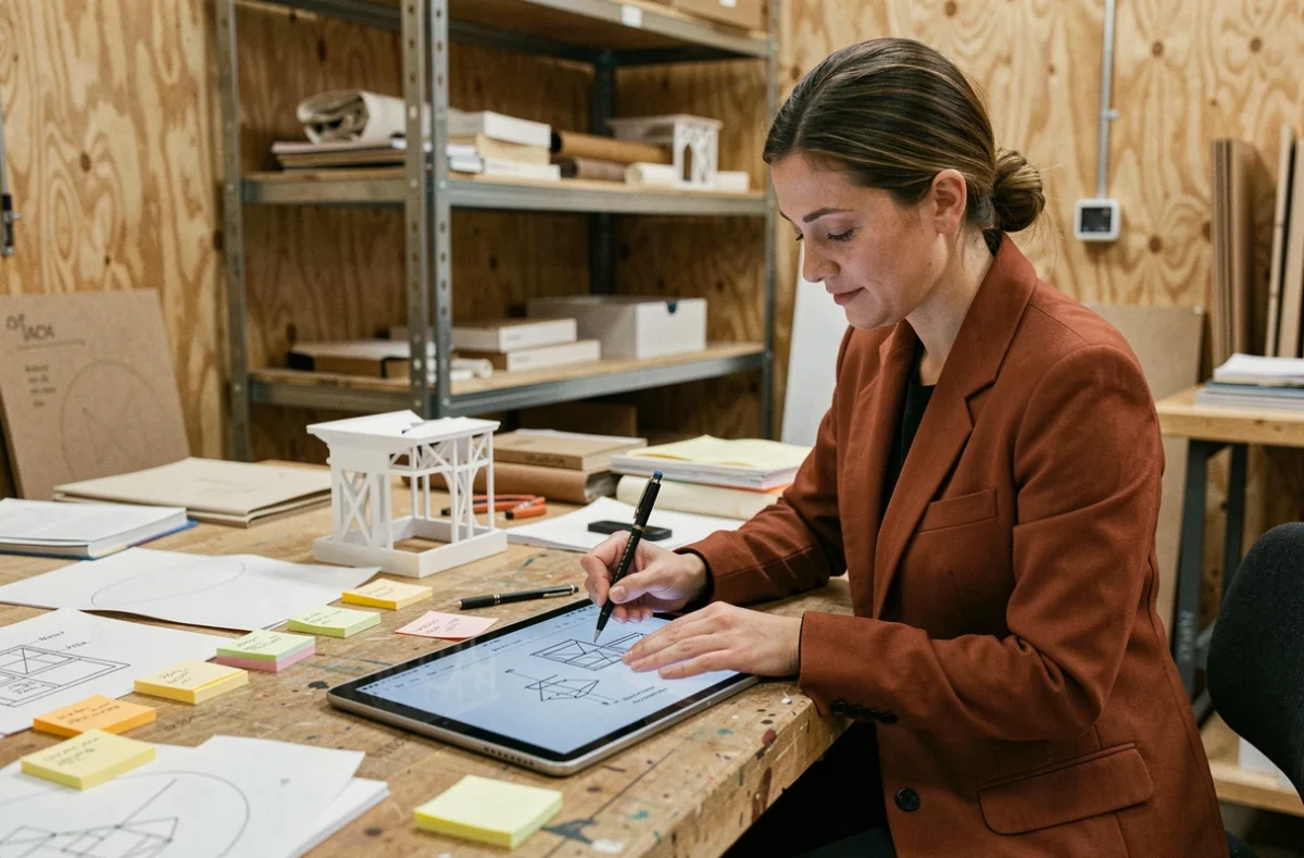 Designer de Dernier Cri esquissant des prototypes rapides dans un studio créatif