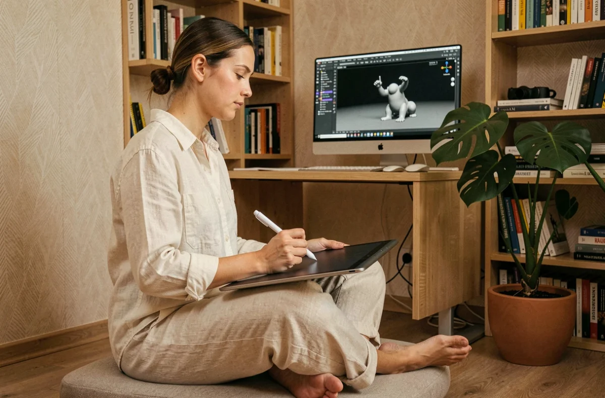Designeuse motion design travaillant depuis chez elle sur une animation 3D avec une tablette graphique