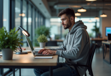 Jeune developpeur en hoodie scrutant du code sur son ordinateur