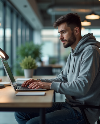 Jeune developpeur en hoodie scrutant du code sur son ordinateur