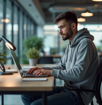 Blockchain : l’avenir en question Jeune developpeur en hoodie scrutant du code sur son ordinateur