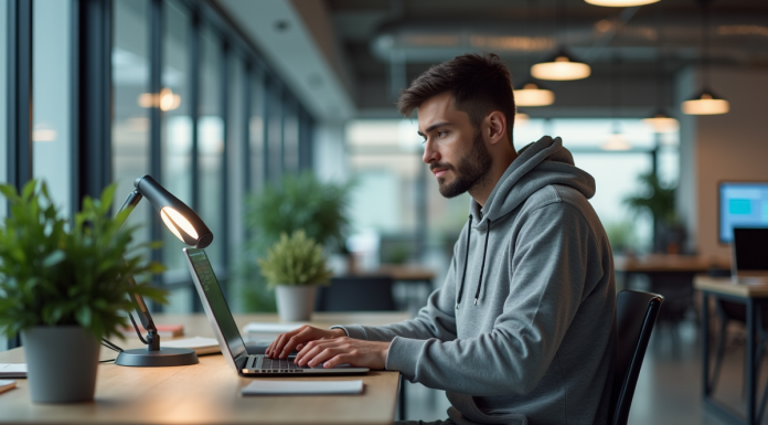 Jeune developpeur en hoodie scrutant du code sur son ordinateur