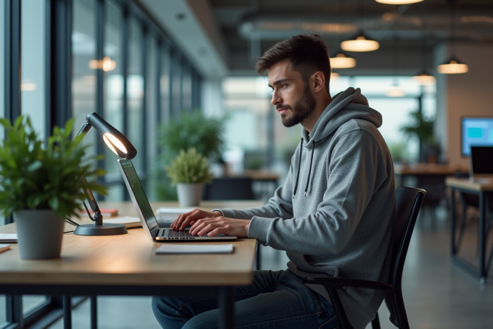 Jeune developpeur en hoodie scrutant du code sur son ordinateur