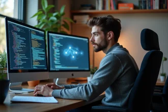Jeune informaticien concentré devant ses écrans en mode travail