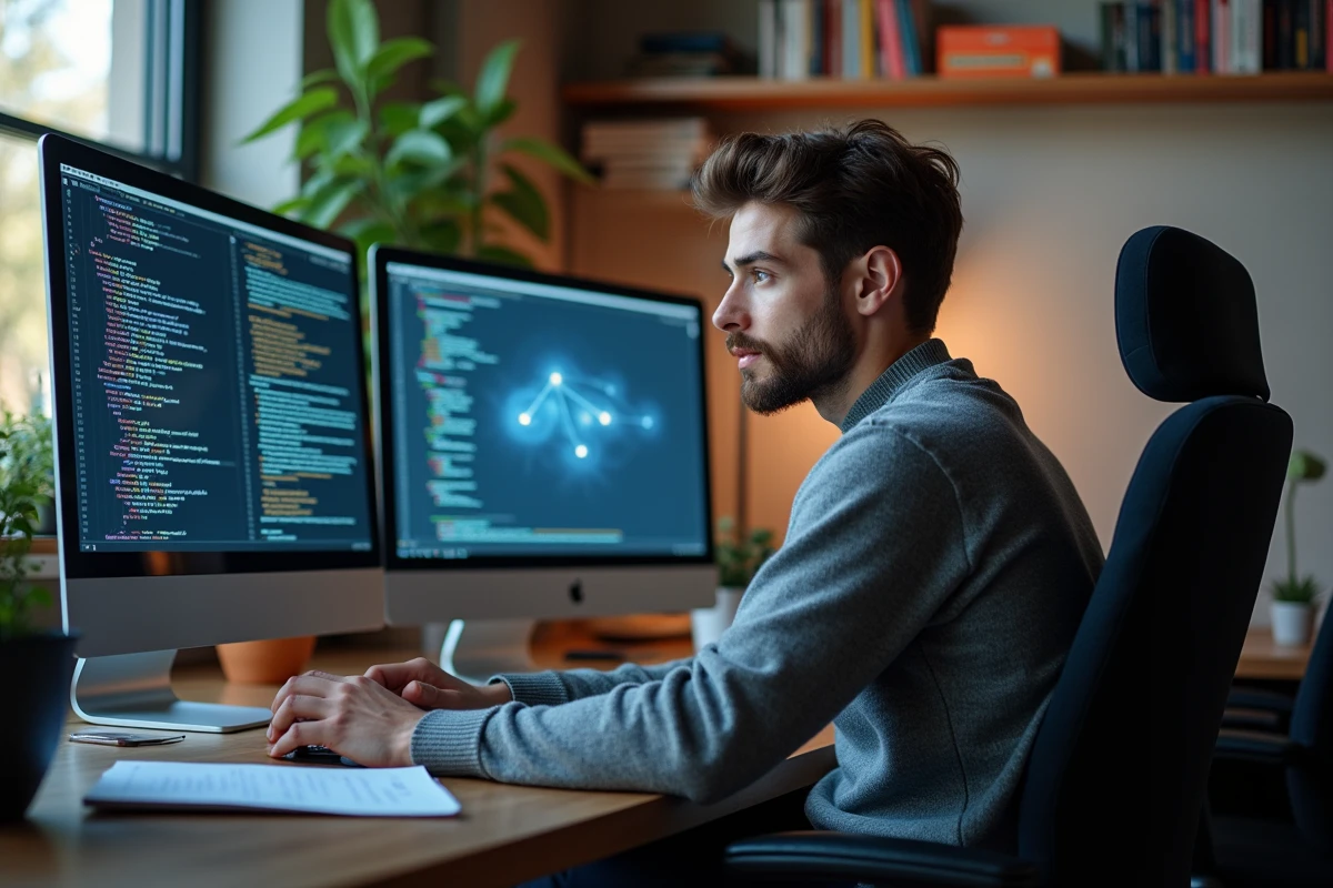 Jeune informaticien concentré devant ses écrans en mode travail
