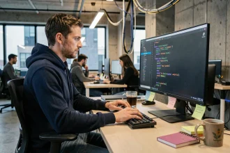 Développeur Python au bureau avec du code affiché sur un écran ultrawide dans un open-space moderne