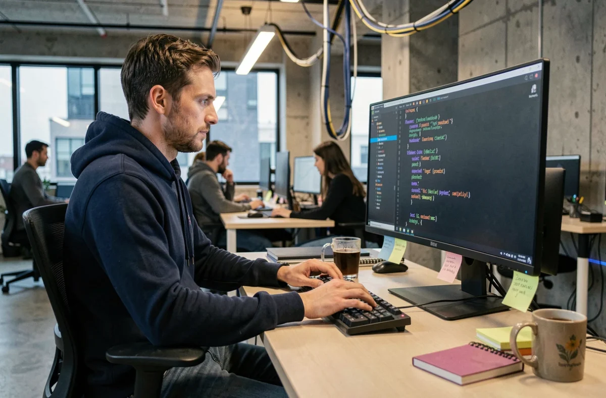 Développeur Python au bureau avec du code affiché sur un écran ultrawide dans un open-space moderne