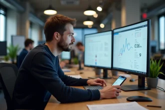 Développeur roumain analysant la rentabilité d'une application mobile sur mesure dans un bureau tech moderne à Bucarest