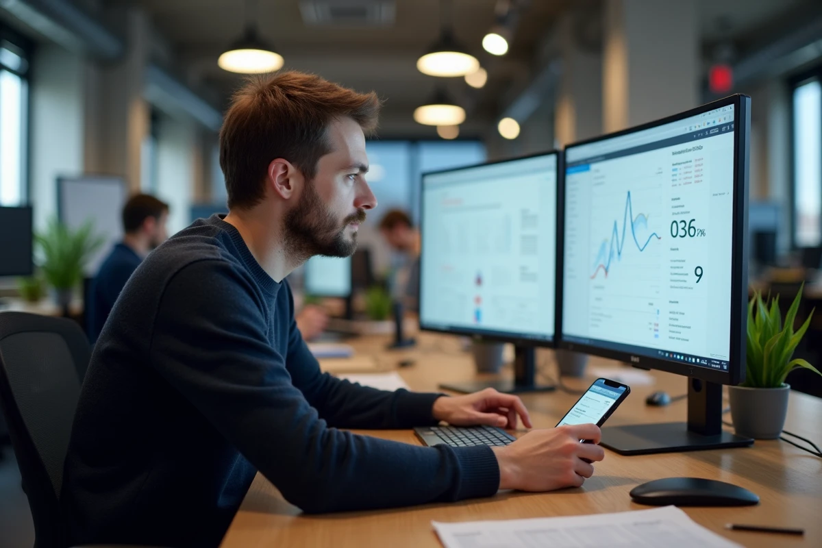Développeur roumain analysant la rentabilité d'une application mobile sur mesure dans un bureau tech moderne à Bucarest