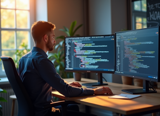 Développeur web au bureau avec moniteur affichant des erreurs