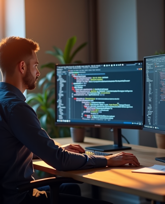 Développeur web au bureau avec moniteur affichant des erreurs