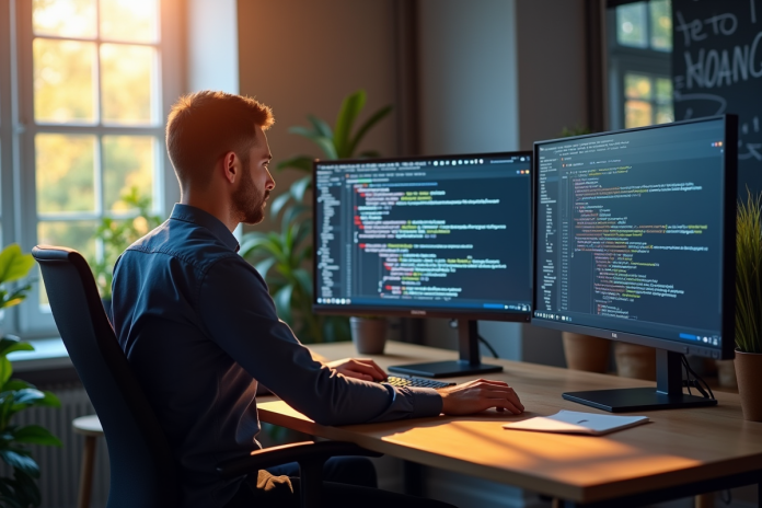 developpeur-web-ordinateur Développeur web au bureau avec moniteur affichant des erreurs