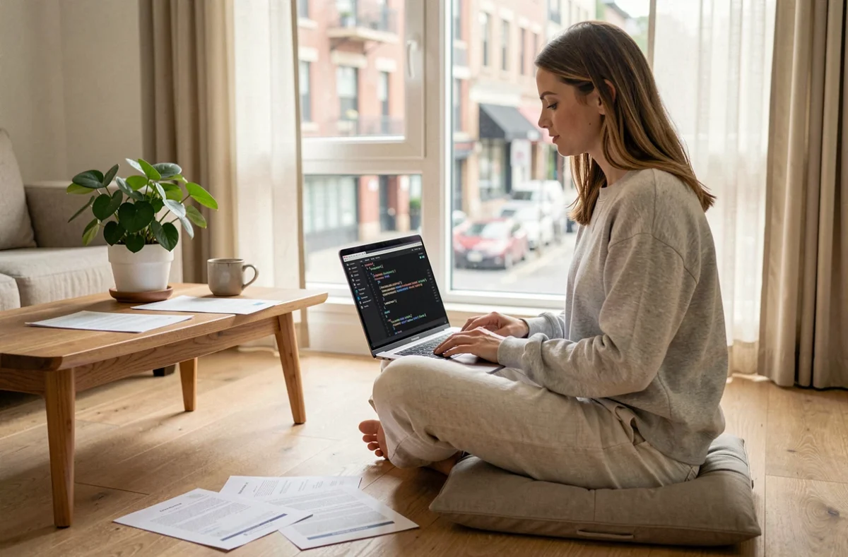 Développeuse Python travaillant depuis chez elle entourée de documentation et d'un ordinateur portable