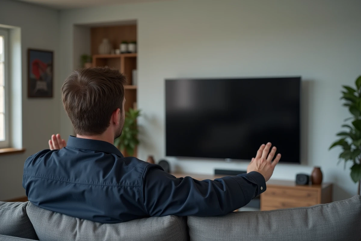 Homme assis dans un salon évaluant la distance de visionnage par rapport à un grand écran TV mural