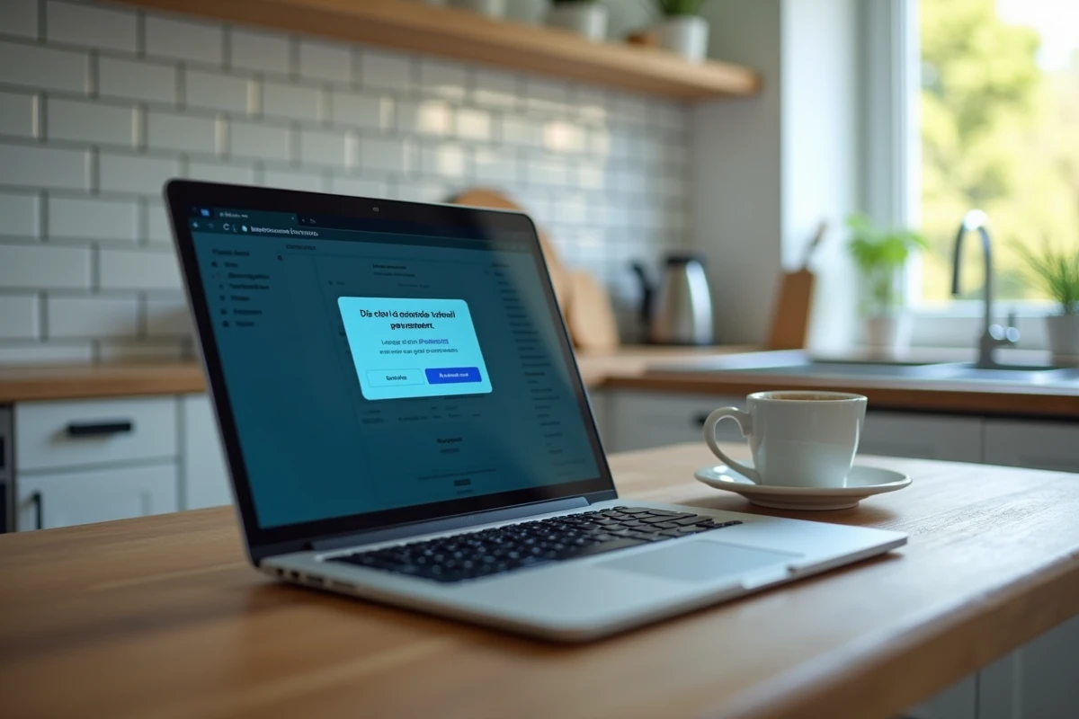 Écran d'ordinateur portable montrant une erreur de messagerie webmail posé sur un comptoir de cuisine avec une tasse de café