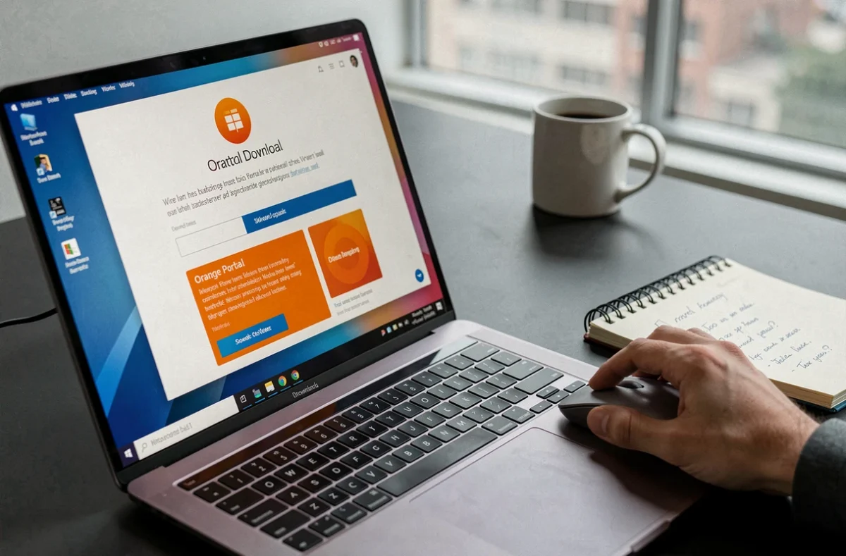 Gros plan sur l'écran Windows 11 affichant la page de téléchargement du portail Orange avec une main sur la souris
