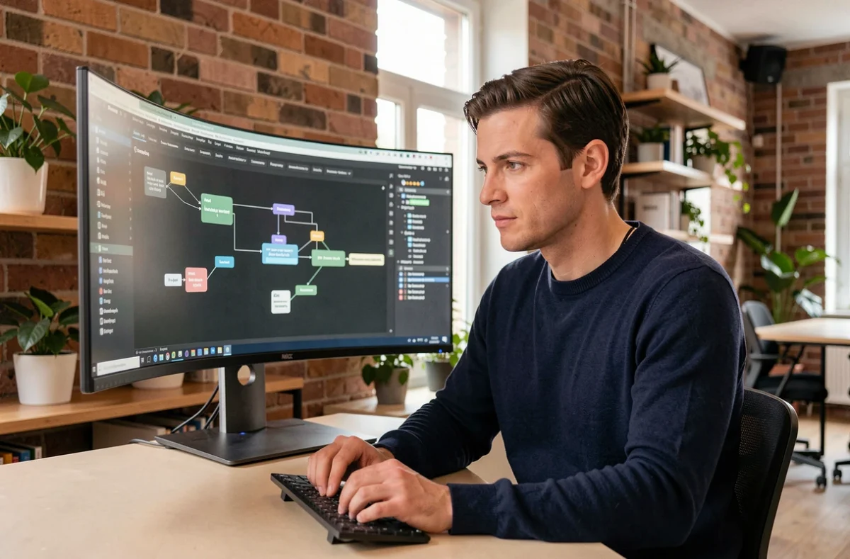 Développeur d'Eleven Labs travaillant sur un logiciel sur mesure dans un bureau moderne à Nantes