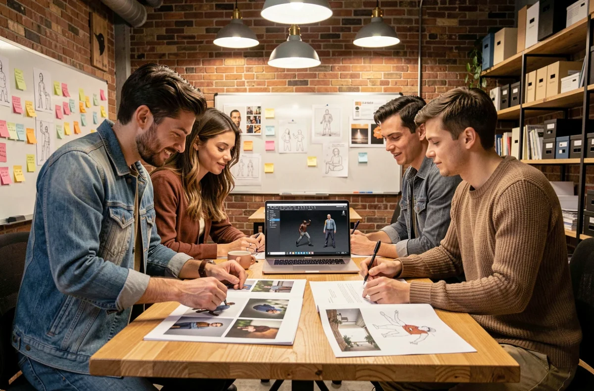 Équipe de professionnels créatifs discutant d'un projet de motion design 3D dans une agence collaborative
