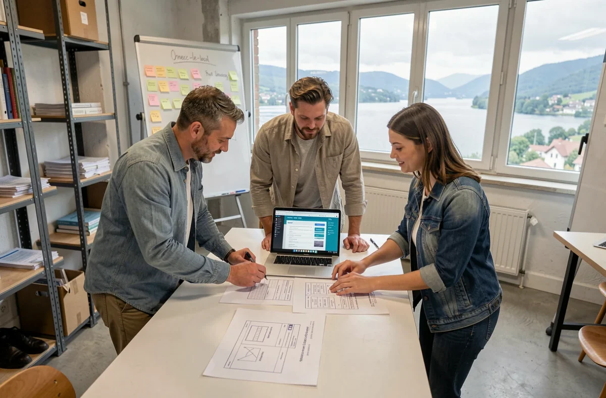 Équipe d'une agence WordPress en Haute-Savoie en réunion autour de maquettes de sites web dans un espace de coworking avec vue sur le lac d'Annecy