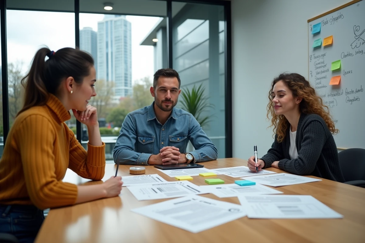 Équipe de professionnels collaborant sur une stratégie de blog et d'intelligence artificielle dans un espace de coworking moderne
