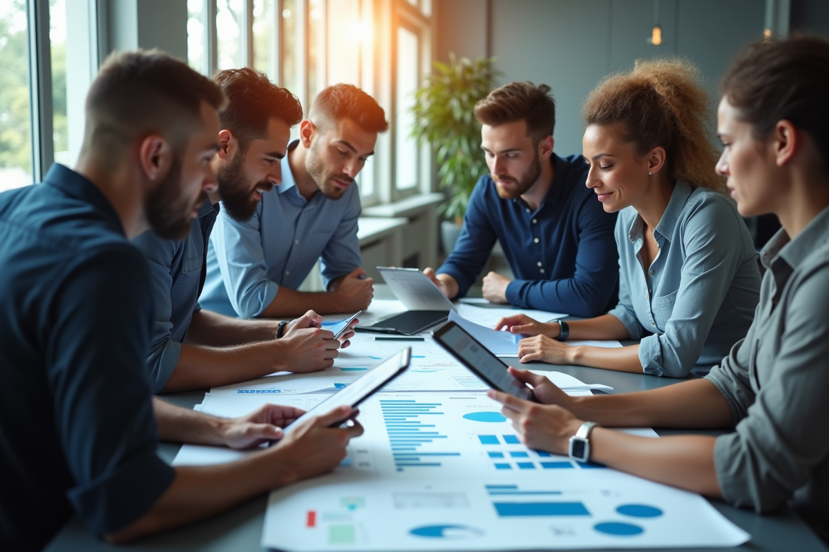Equipe diverse collaborant autour de table avec tablettes