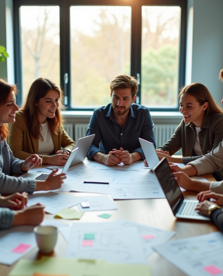 Equipe de designers UX collaborant autour d'une table lumineuse