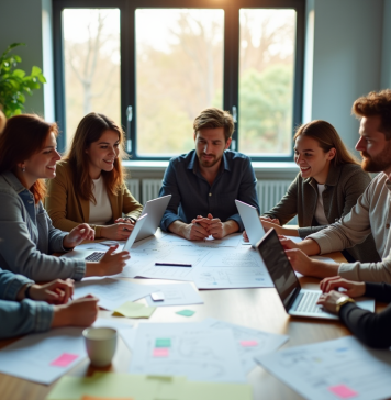 Processus UX : Définition, importance et challenges à connaître en 2025 Equipe de designers UX collaborant autour d'une table lumineuse