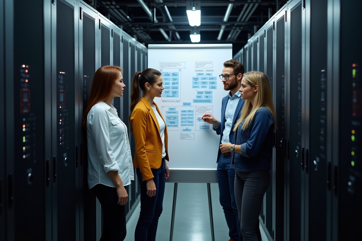 Equipe IT dans une salle serveurs examinant un diagramme Kubernetes