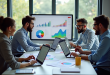 Groupe de professionnels du marketing analysant des graphiques dans un bureau lumineux