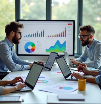 Efficacité publicités YouTube : Taux de conversion et retour sur investissement Groupe de professionnels du marketing analysant des graphiques dans un bureau lumineux