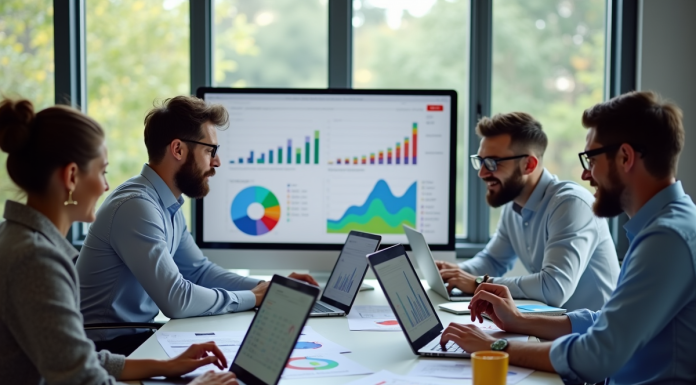 Groupe de professionnels du marketing analysant des graphiques dans un bureau lumineux