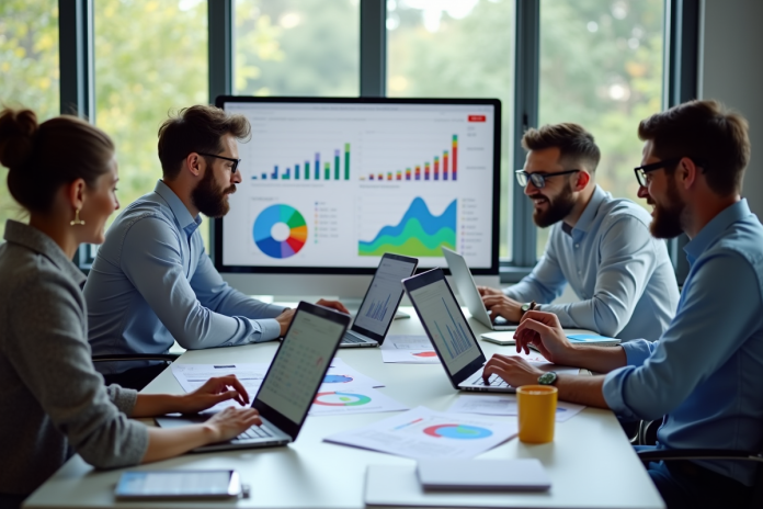 equipe-marketing-analysant-graphes Groupe de professionnels du marketing analysant des graphiques dans un bureau lumineux
