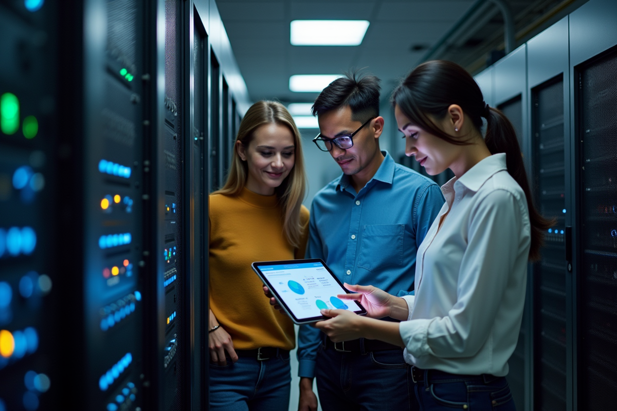 Groupe de spécialistes IT examinant une tablette dans une salle serveurs moderne